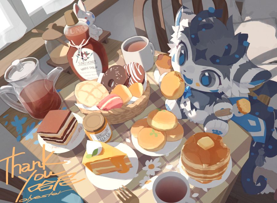 Commission work for 哈尼. In the morning sun, A lot of sweets on the table. A little fluffy is biting into the sweets.