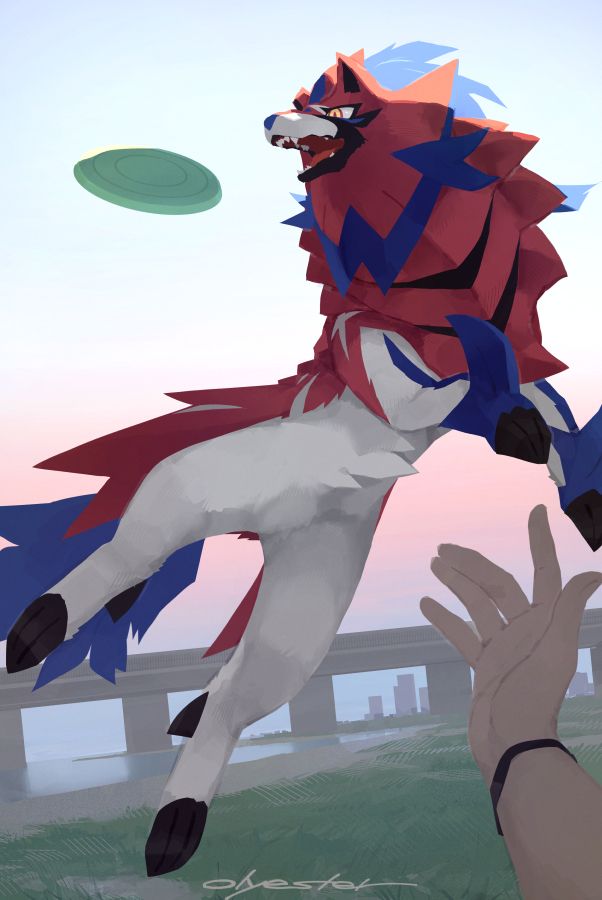 At sunrise by the riverside, Zamazenta leaping to catch a frisbee tossed.