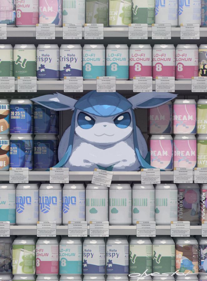 Glaceon relaxing on the shelf of canned drinks