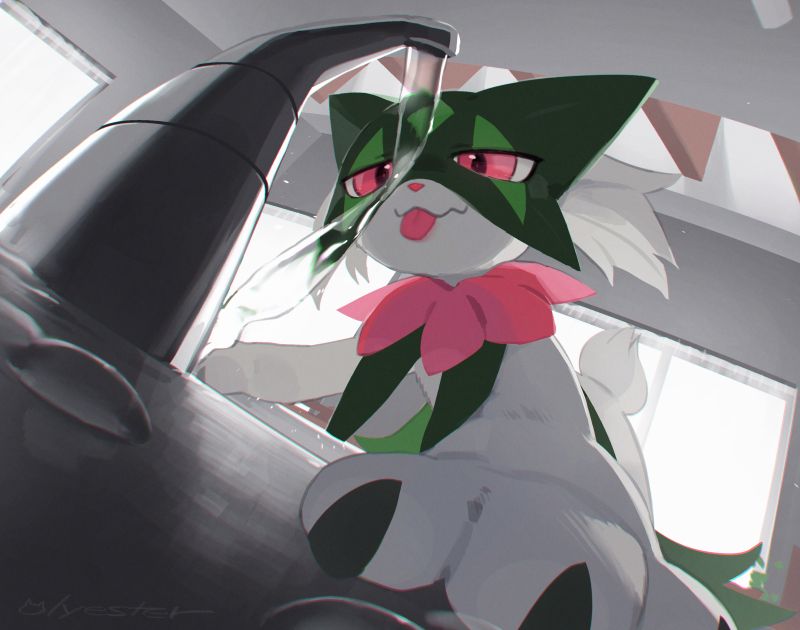 A digital painting of a meowscarada unaware that it is failing to drink water