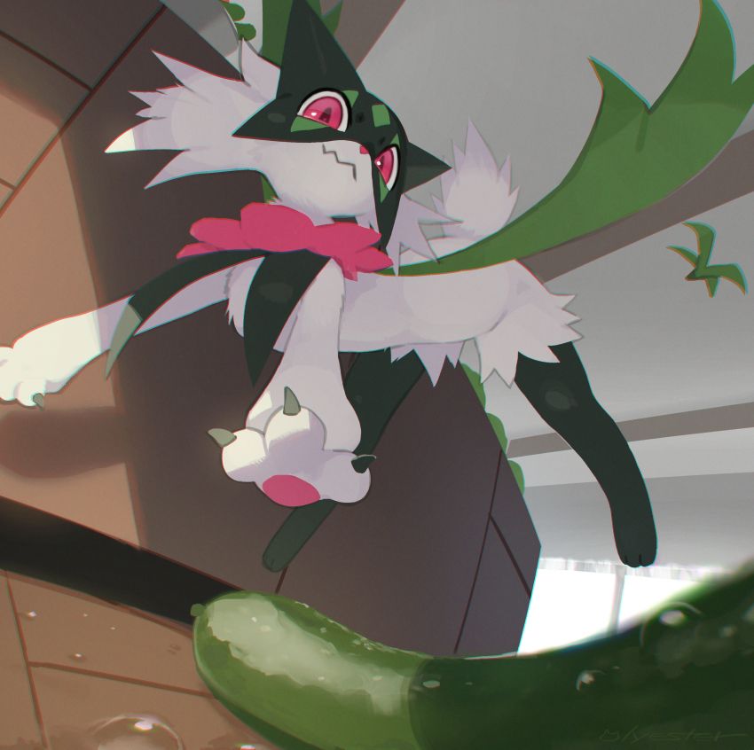 A meowscarada surprised by cucumber