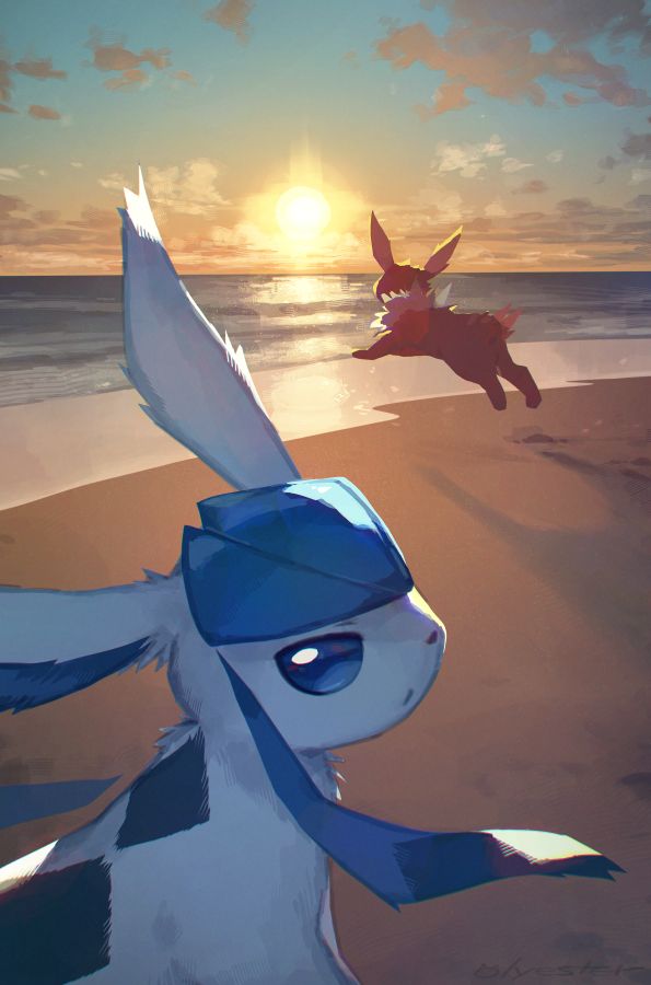 Glaceon and Jolteon running around on the beach in the evening, golden hour.