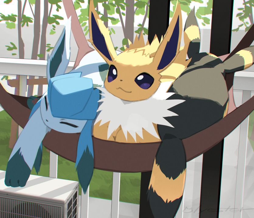 A hammock filled with eeveelutions. Glaceon, Jolteon, and Umbreon is there.