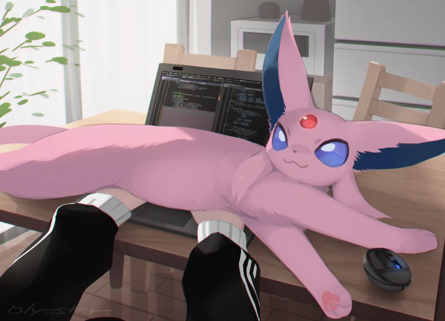 A degital painting of the espeon lying on top of a laptop computer, interrupting work.
