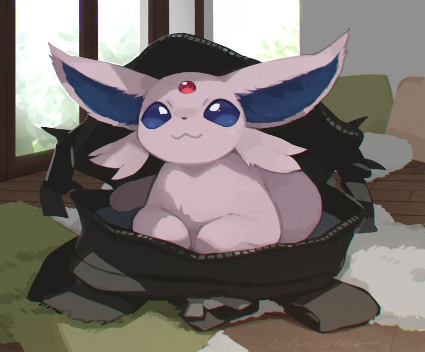 A digital painting of a espeon getting into a backpack.