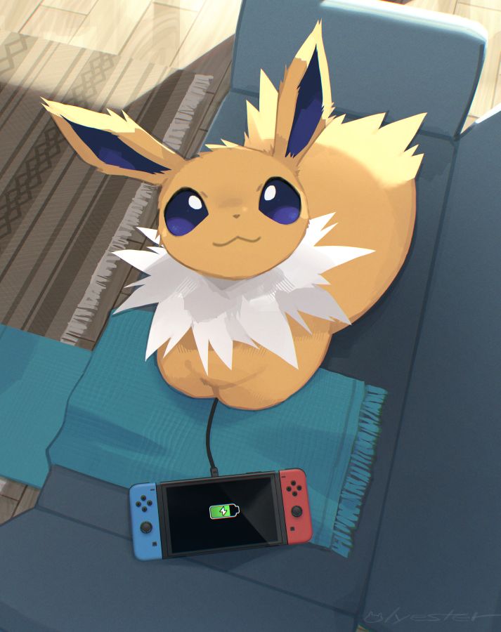 A jolteon loafing on the sofa, and charging the device like a Switch
