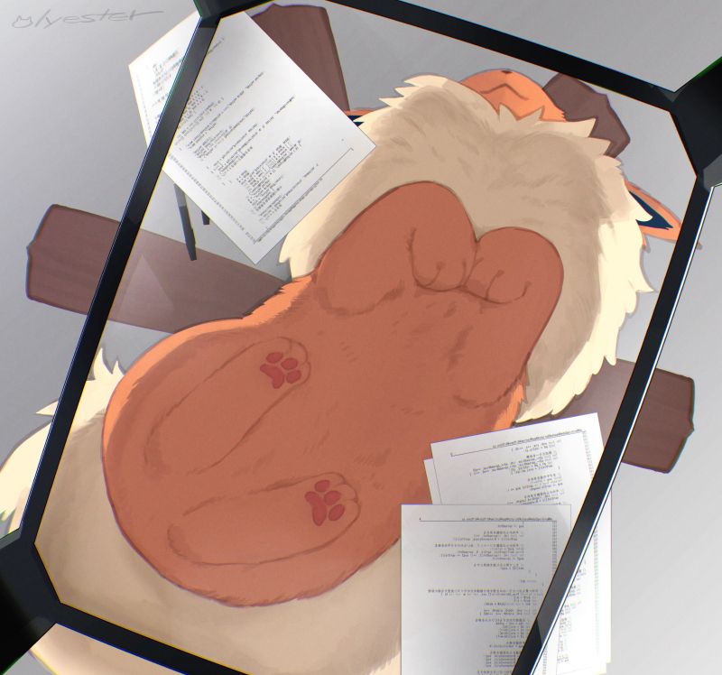 A flareon loafing on a glass table, viewed from below