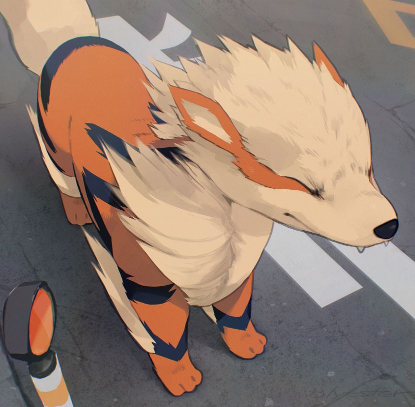 A digital painting of a arcanine frowning in a strong wind.