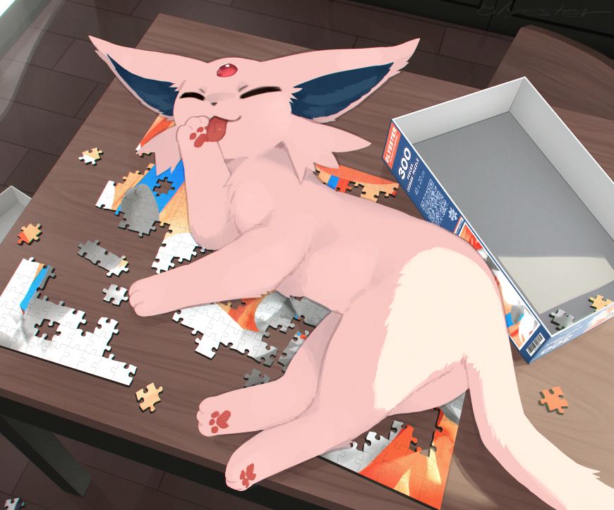 A digital painting of a espeon lying on jigsaw puzzle