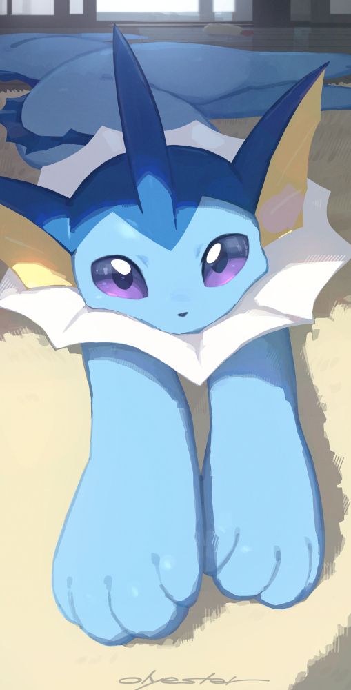 Bathed in the morning sunlight streaming through the window, a vaporeon lies on the carpet, front paws stretched out, calmly watching you.