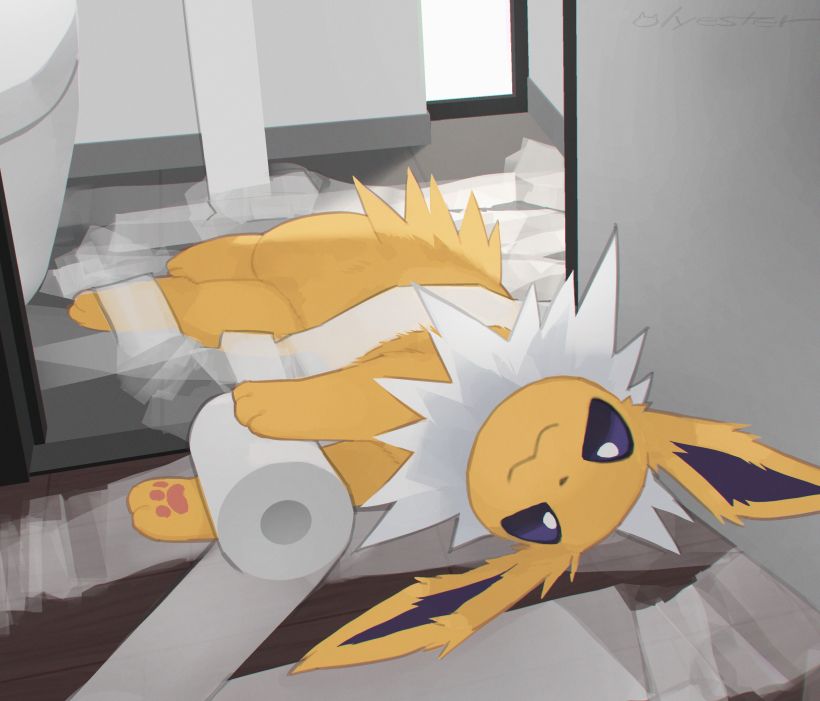 The jolteon played around with the toilet paper to its heart's content. He seems very satisfied. Papers strewn all over the floor. But that's trivial, isn't it?