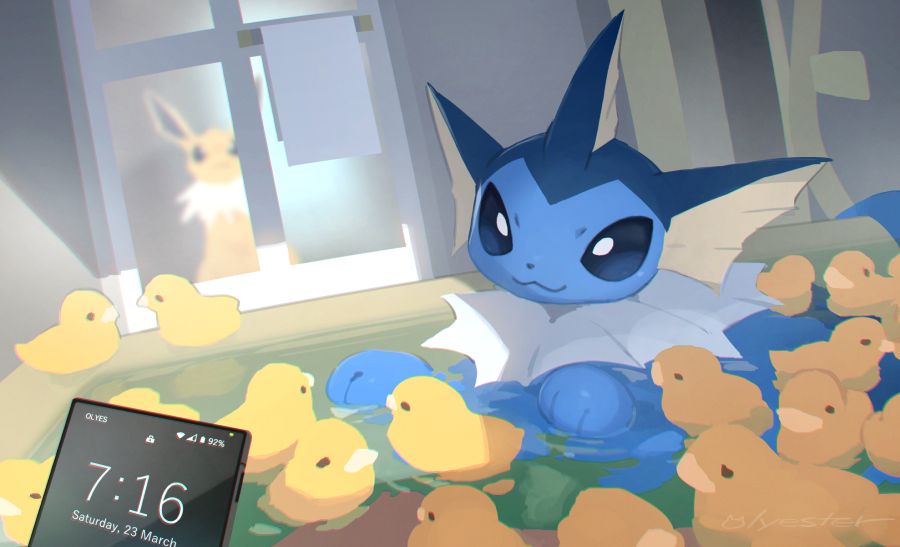 Morning bath time, a vaporeon playing with a lot of rubber ducks.