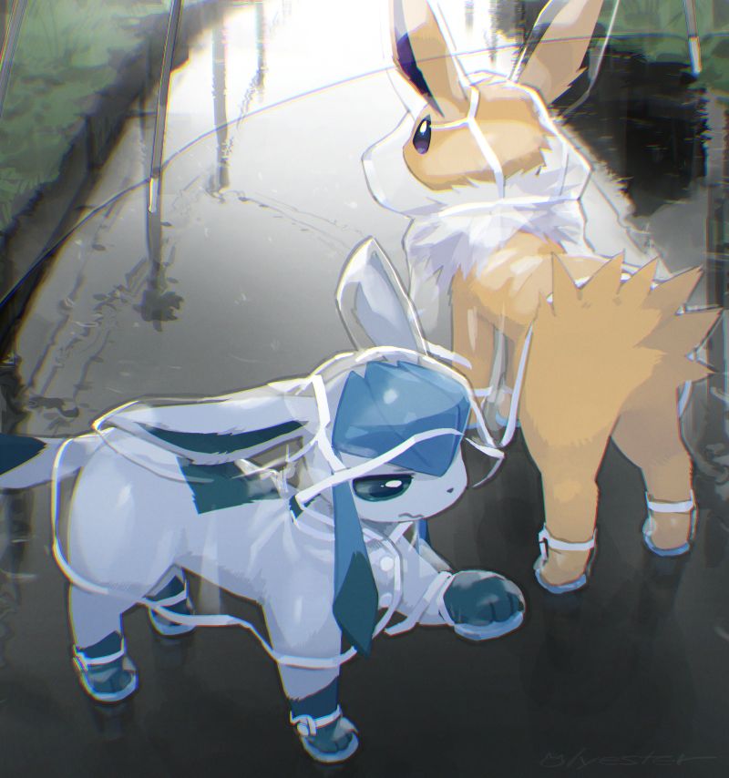 Rainy day, Glaceon and Jolteon on the road, wearing raincoats.
