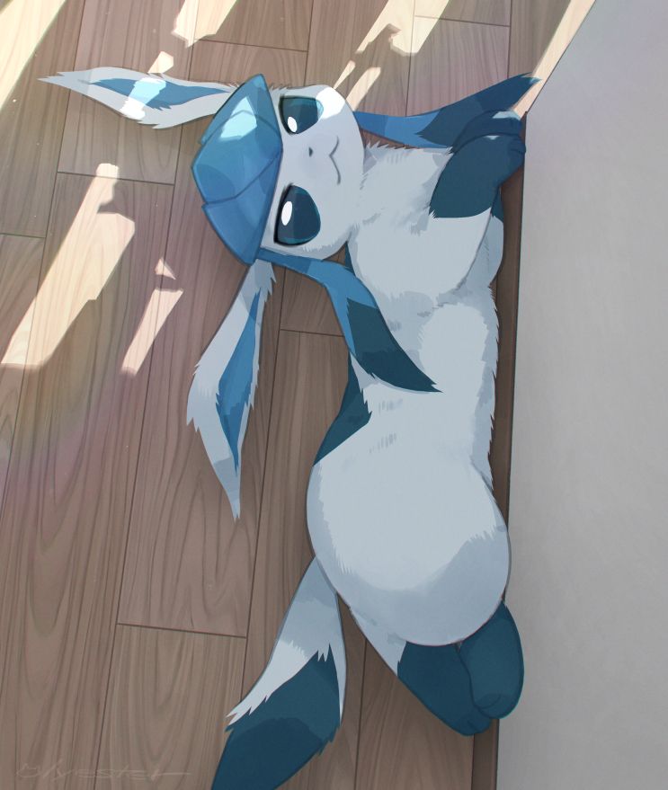 In the morning, sunlight streaming in through the window, a glaceon is lying in the corner of the wooden floor