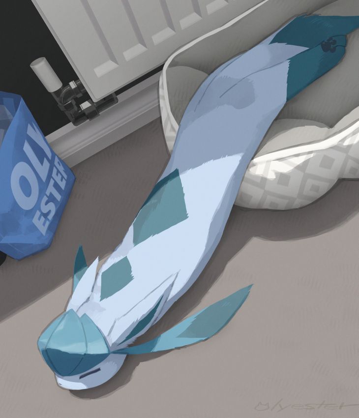 A glaceon relaxing and stretching on the floor