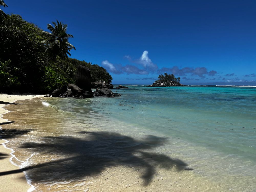 Ein tropischer Strand mit Palmen und vorgelagerten Inseln. Eine Palme wirft einen Schatten ins Meer. 