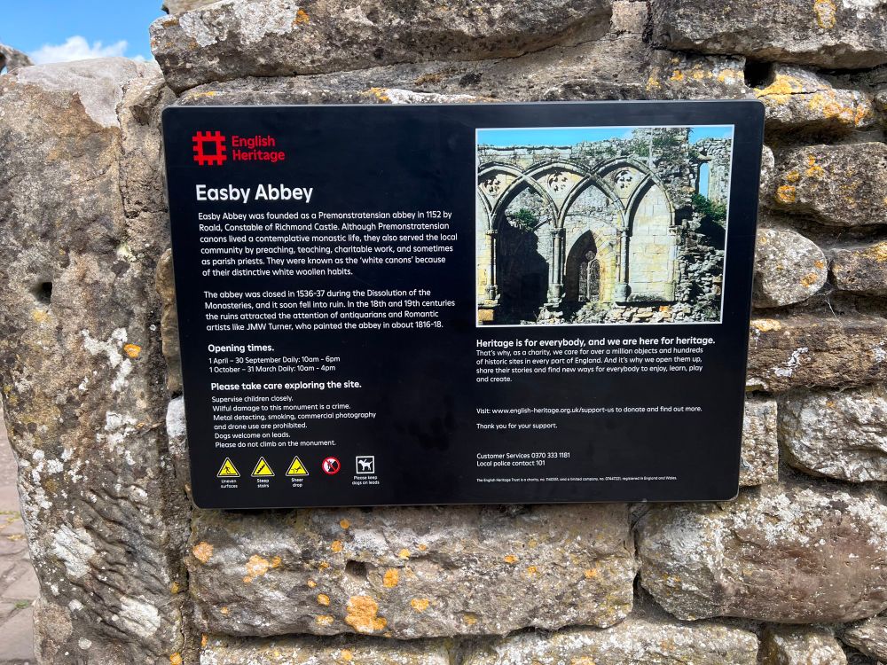 Information panel for Easby Abbey, nr Richmond North Yorkshire 