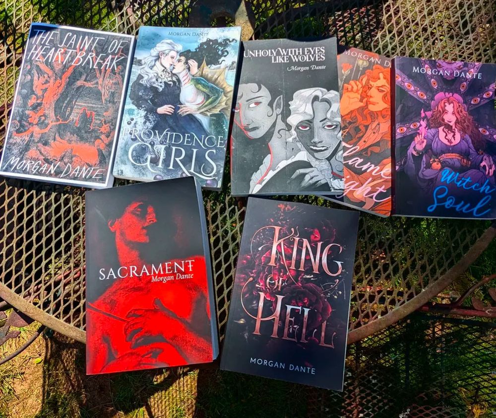 Morgan Dante books: The Saint of Heartbreak, Providence Girls, Unholy With Eyes Like Wolves, A Flame in the Night, Witch Soul, Sacrament, and King of Hell.