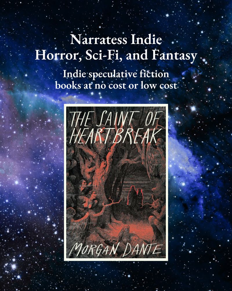 Narratess indie horror, sci-fi, and fantasy. Indie speculative fiction books at no cost or low cost. The Saint of Heartbreak cover by Alex Patrascu on a starry background.