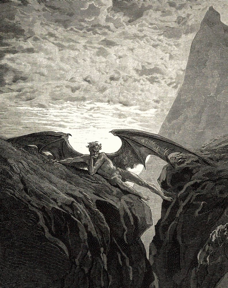 Gustave Doré engraving of Satan reclining on a rock.