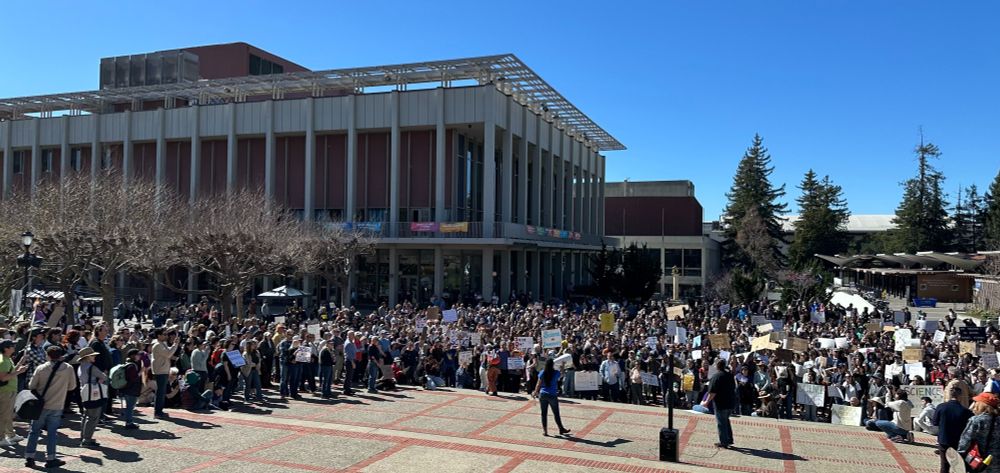 A rally on the steps of Sproul Hall at UC Berkeley "Standing Up for Science."