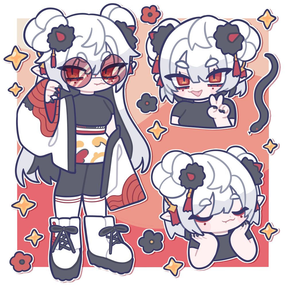 a reference sheet for a character with white hair and black clothes. the full body character to the left is also wearing an off the shoulder jacket. to the right is two head shots showing a peace sign and uwu expression 