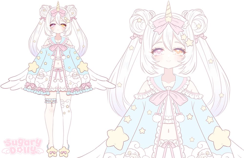 it's a frontal reference sheet of a character with white hair that has pigtails and a horn. the character is wearing a blue coat with pajamas under the coat. she also has white wings