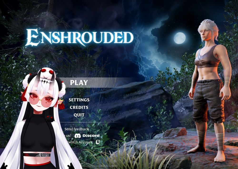 it's a picture of the game enshrouded's start screen with a character to the right and vtuber image to the left. both characters have white hair and are pale. the vtuber to the left has oni horns with a black and white outfit