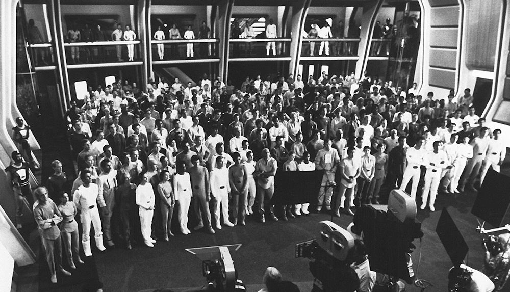 The recreation deck scene from Star Trek The Motion Picture, showing the huge painted backdrop outside the windows. 