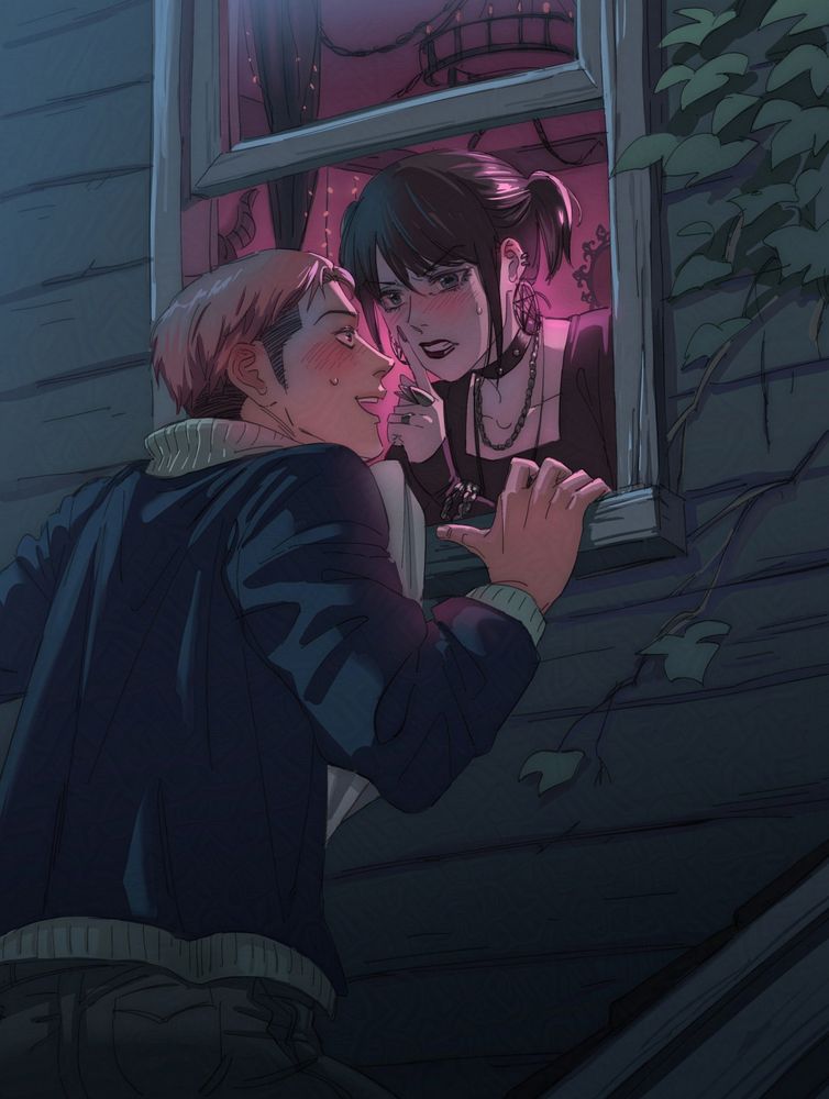 Goth Mikasa and Bad Boy Jean hanging out by the window of Mikasa's bedroom 