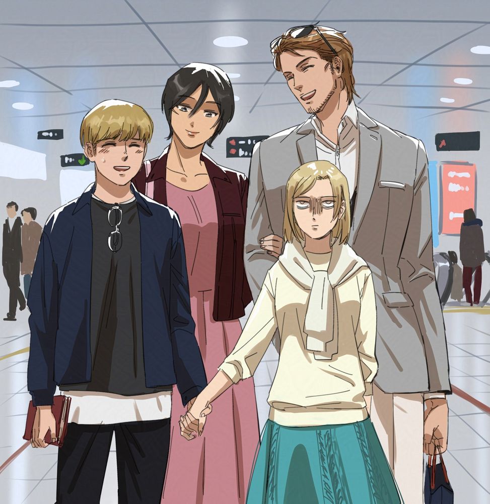 Mikasa, Jean, Armin and Annie taking the train at Nagoya station
