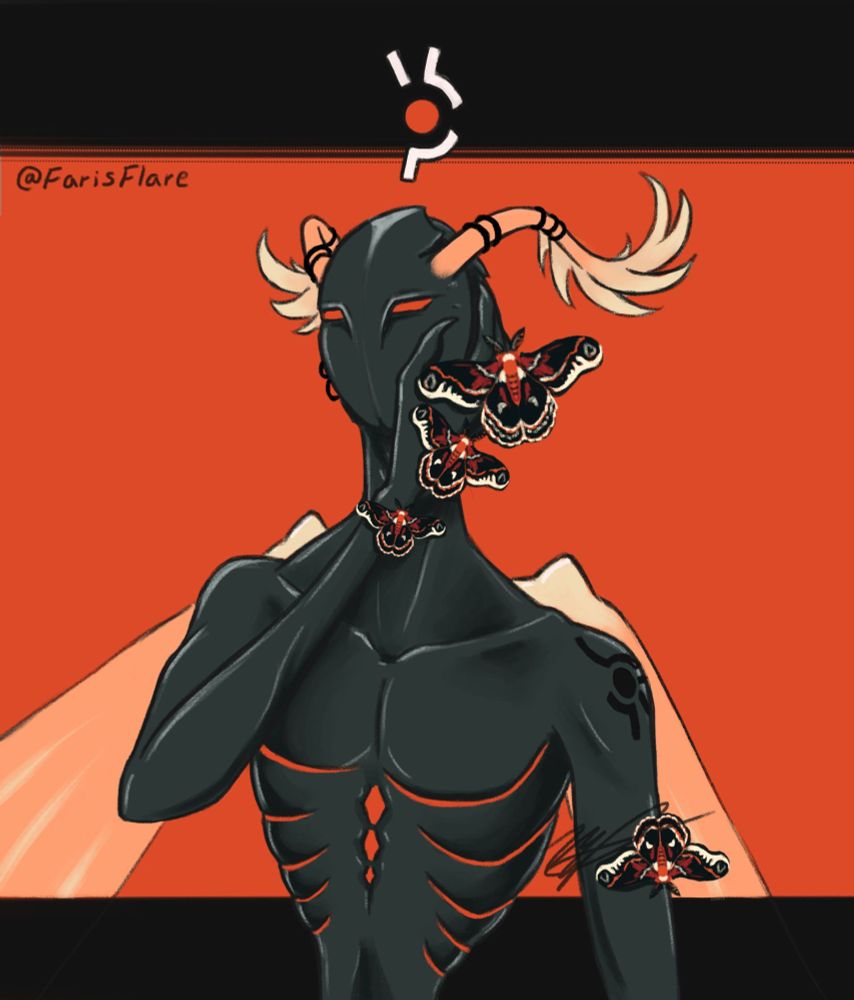 Portrait drawing of a strange humanoid creature. His skin is dark with bright red lines under his ribs and sternum. He has feathery antennae, wings sprouting from his shoulders, and a strange symbol floats above his head. He's cradling his face with his right hand, where three cecropia moths rest; another moth rests on his left arm. 