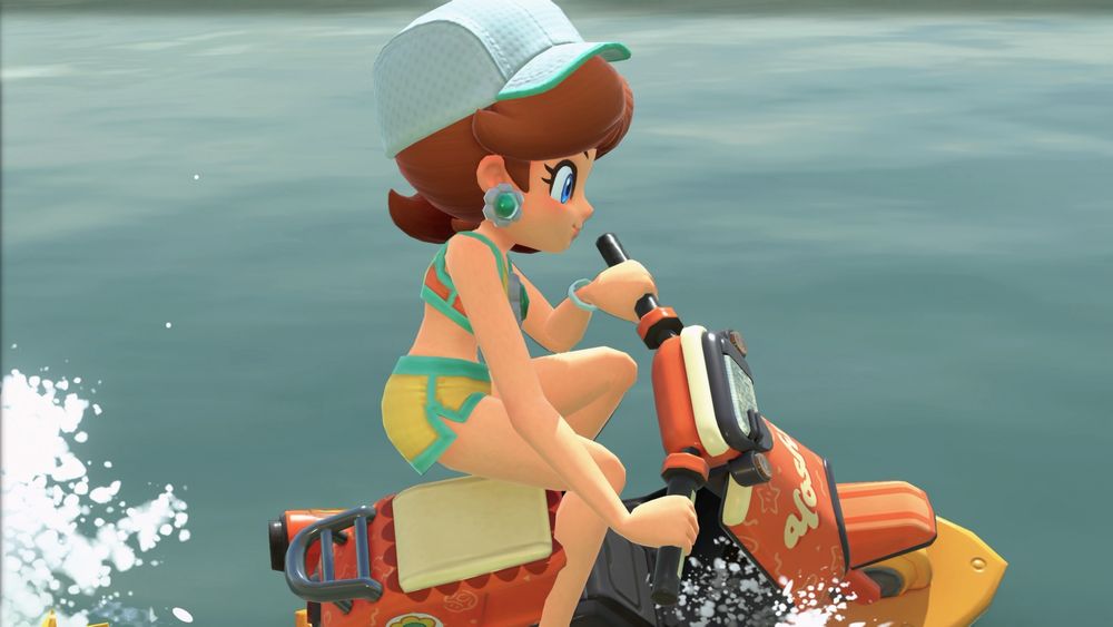 Mario Kart World, view of Daisy in swimwear on Cute Scoot driving on water, showing elongated arm due to the vehicle and character shaking