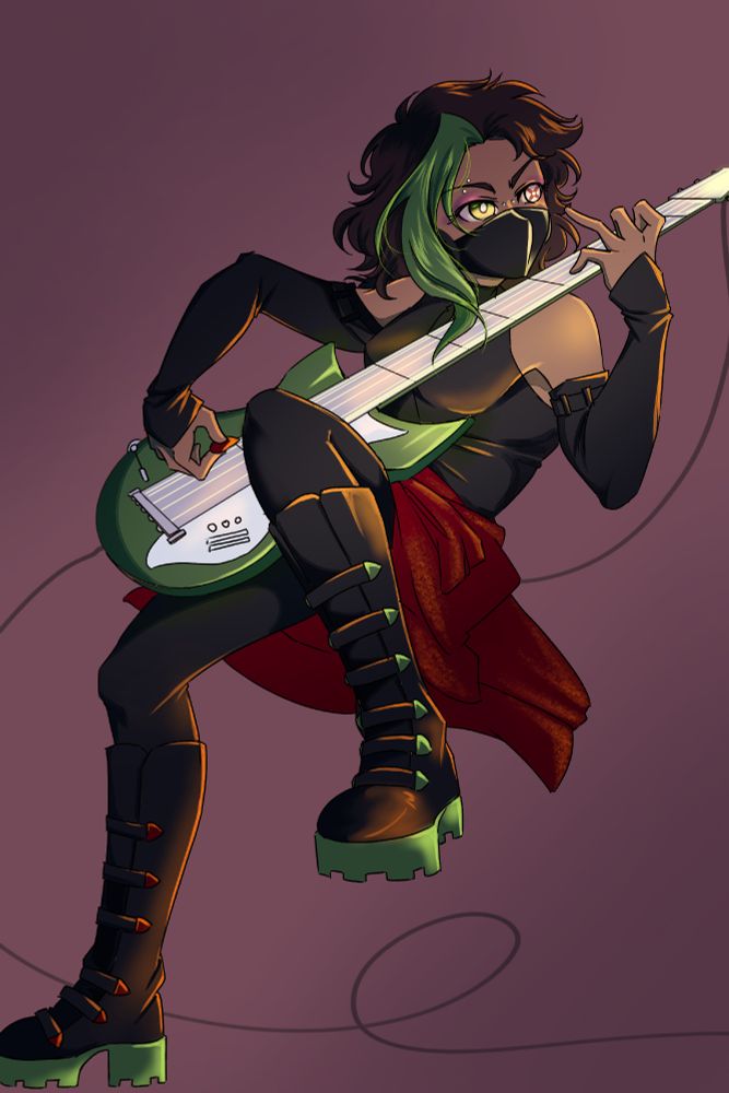 a girl with a green streak in her hair playing a green electric guitar