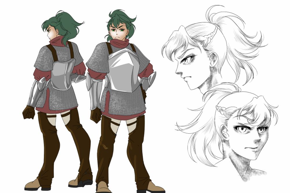 Character sheet for my OC Evander, a trans boy squire, wearing a chest plate, chain mail, and flexible leather boots and gloves