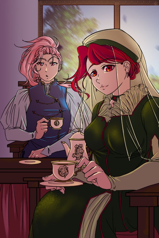 Rosalind and Cordelia, two young noblewomen sharing a quiet tea party. Cordelia is still in her navy blue knight's uniform while Rosalind is wearing her green velvet gown with hanging sleeves and her matching cap and veil