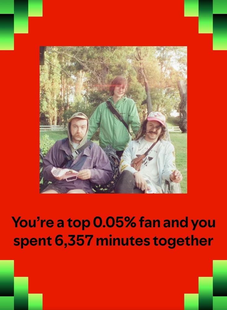 The icon for the band Crywank on spotify (Jay, Dan and Jules) with text below it that reads "You're a top 0.05% fan and you spent 6,357 minutes together"