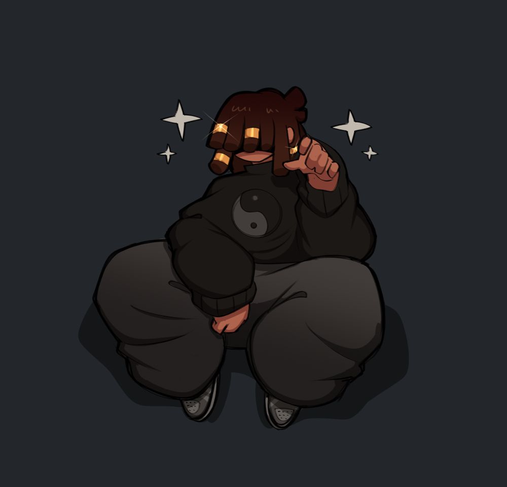 mobbu wearing a baggy black sweater that has a yin yang symbol on it, baggy dark grey pants and grey sneakers. just him looking cool as always ✨