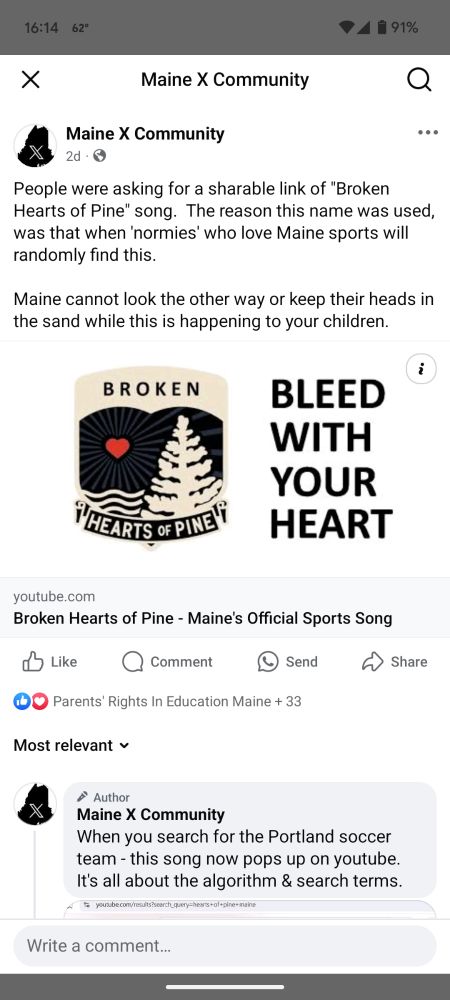 A screenshot from the Facebook page "Maine X Community" with a link to the YouTube song "Broken Hearts of Pine" calling it "Maine's Official Sports Song".