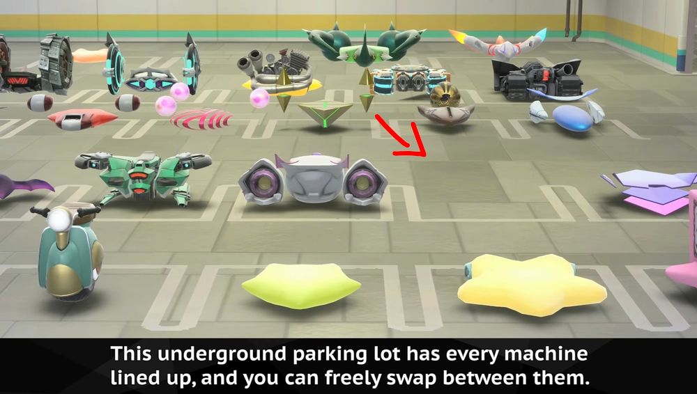 Screenshot from the 2nd Kirby Air Riders direct where Sakurai was showing the underground garage in City Trial free run, in which there's notably an empty parking spot (I drew an arrow pointing at it).