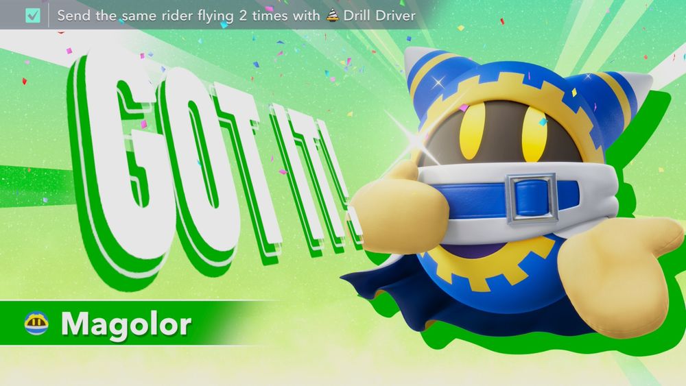 [Kirby Air Riders] Magolor "Got it!"/unlock screen, where the completed condition reads "Send the same rider flying 2 times with Drill Driver". 