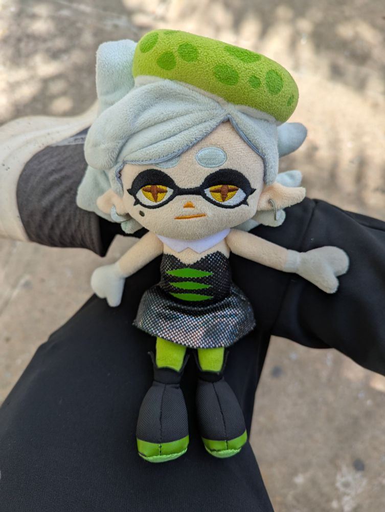 Marie Plush sitting on my leg, looking directly at the camera. 