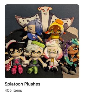 A Google Photos folder titled "Splatoon Plushes" that has 405 items. The thumbnail features the seven idol plushies neatly arranged.