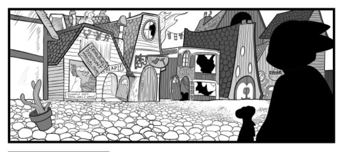 A chaotic block of shops, some on fire, with our protagonists in the foreground.