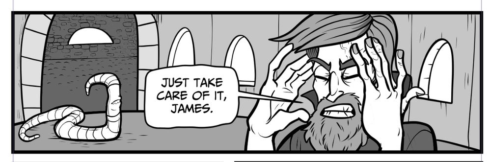 A man talking to a giant worm with an exasperated expression saying “just take care of it james.”