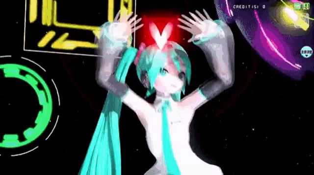 hatsune miku is dancing in a video game with a red heart in her hands .