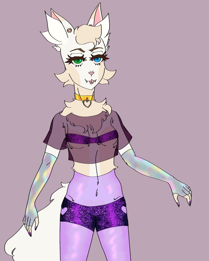 Female anthropomorphic cat character(Eileen) wearing revealing sparkly purple top and shorts, with see through shirt and purple tights