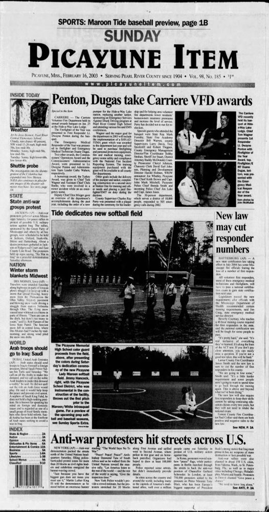 Picayune (MS) Item front page reporting on global, US, and/or local protests against Iraq War, 16 Feb 2003. 