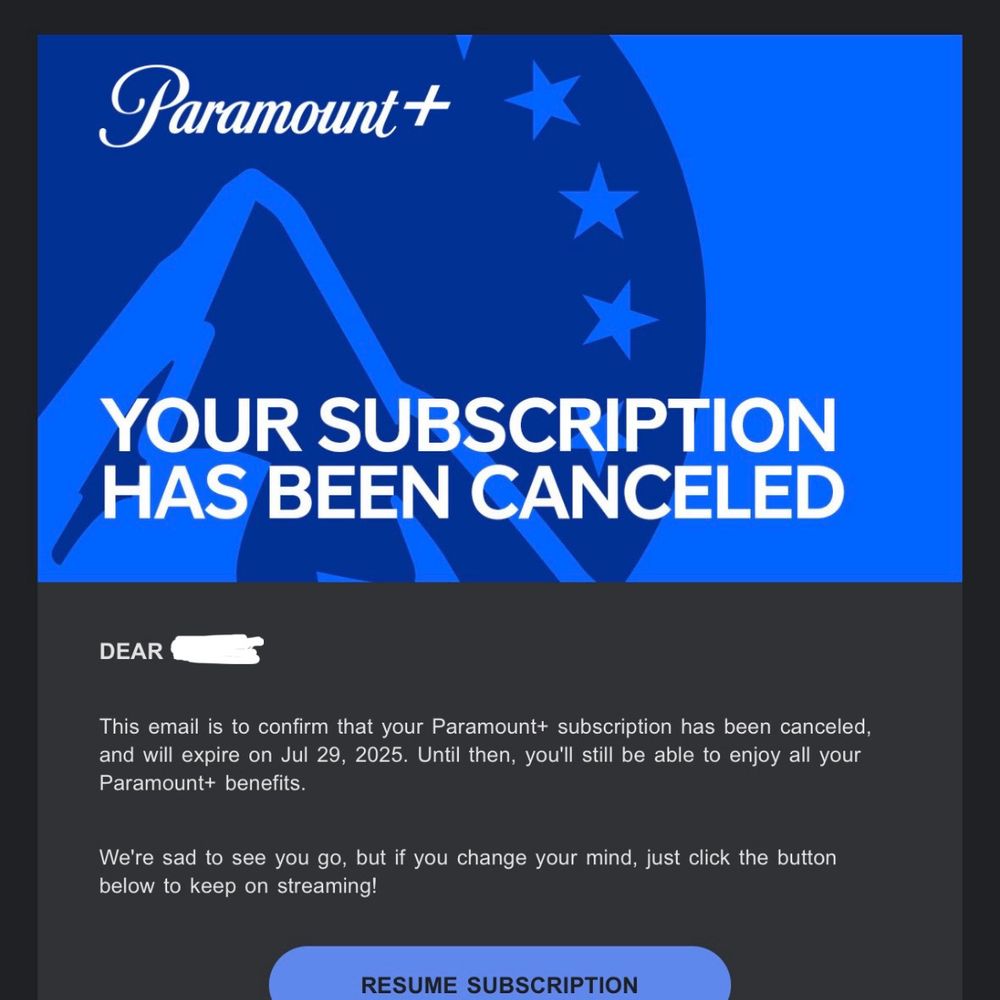 Screenshot of an email confirming cancellation of my Paramount+ subscription. 