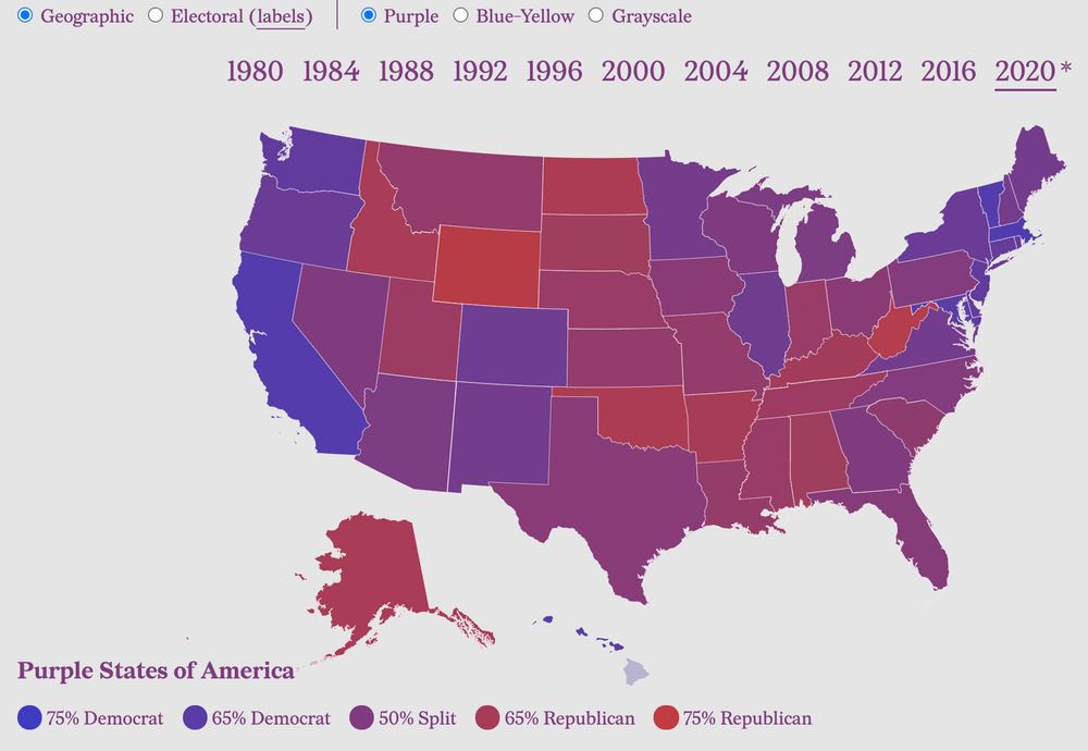 A 2020 electoral map from Community Commons, showing each state as a range of purple, rather than solidly red or blue. 